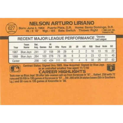 1989 Donruss #627 Nelson Liriano DP NM-MT Toronto Blue Jays Baseball Card