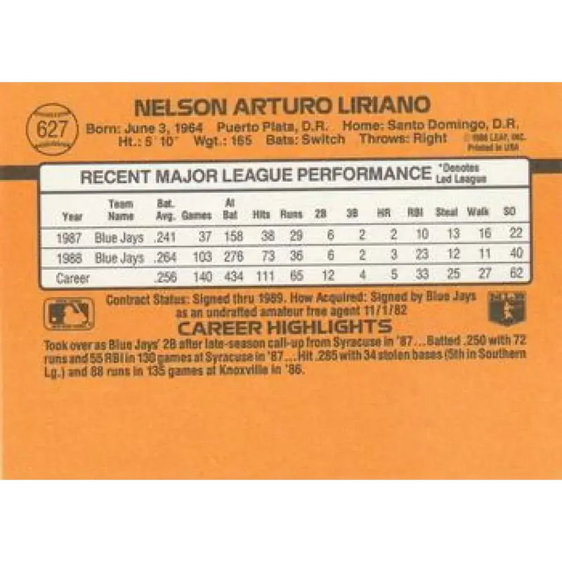 1989 Donruss #627 Nelson Liriano DP NM-MT Toronto Blue Jays Baseball Card - Baseball Card Single
