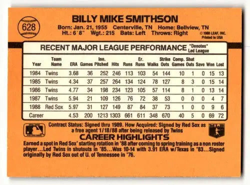 Back of 1989 Donruss Mike Smithson Boston Red Sox baseball card with player stats