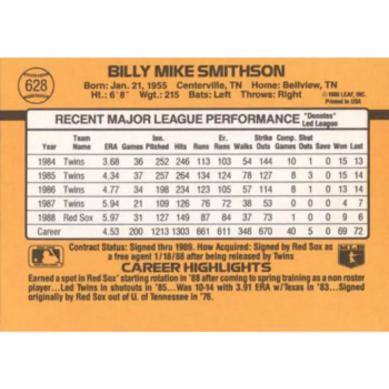 1989 Donruss #628 Mike Smithson DP NM-MT Boston Red Sox Baseball Card - Baseball Card Single
