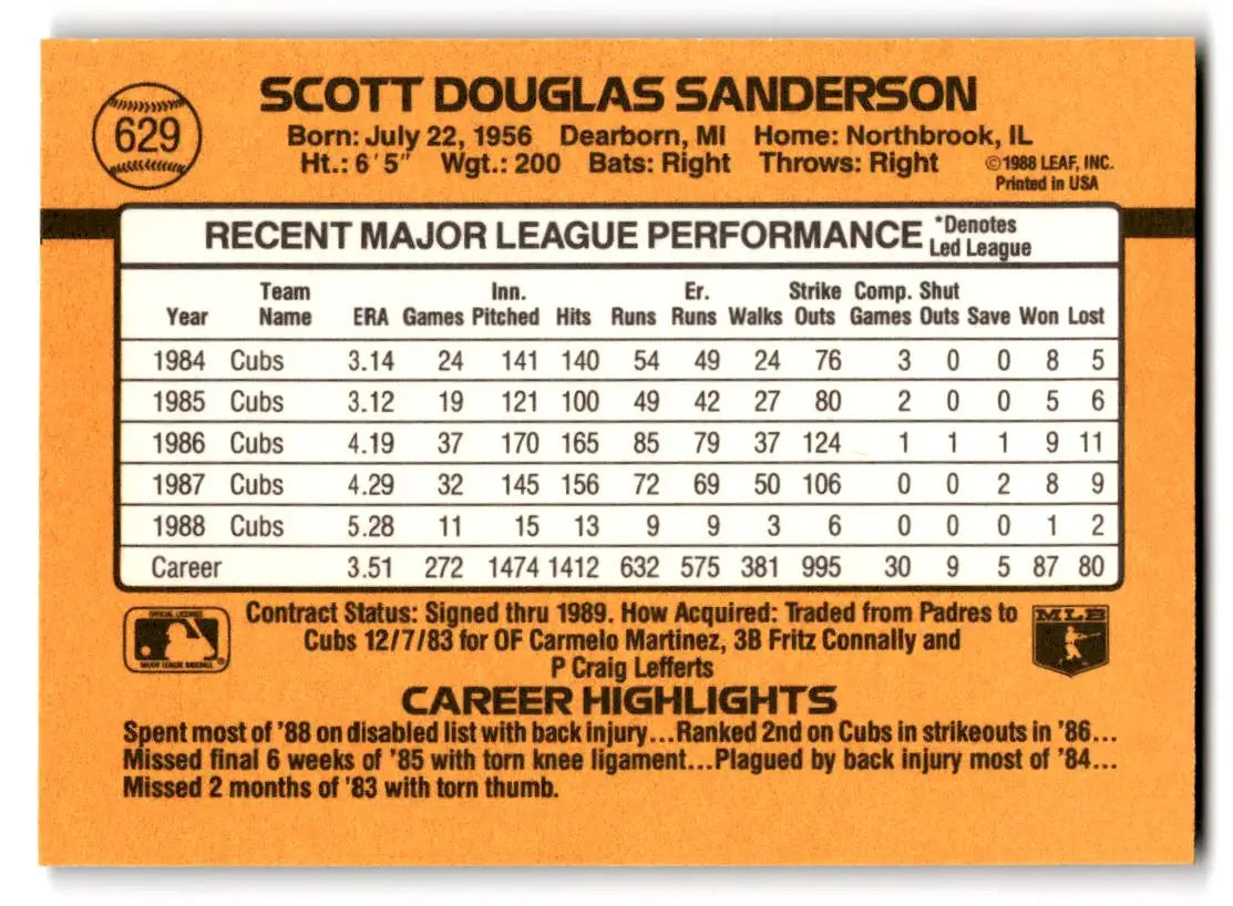 1989 Donruss #629 Scott Sanderson - Baseball Card Single