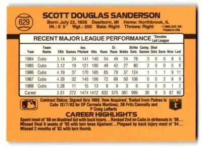 Back of 1989 Donruss Scott Sanderson baseball card showing player details