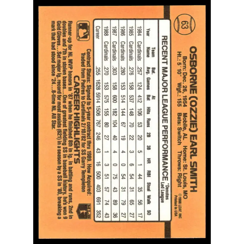 1989 Donruss #63 Ozzie Smith EX/NM St. Louis Cardinals Baseball Card - Baseball Card Single