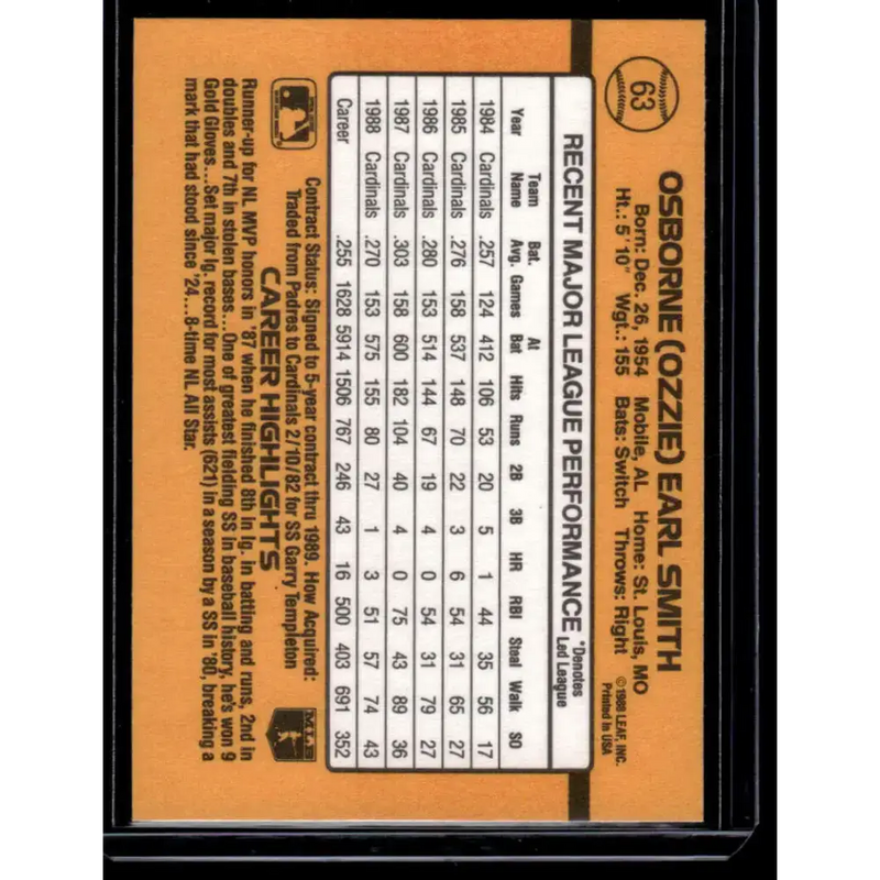 1989 Donruss #63 Ozzie Smith St. Louis Cardinals NM-MT Baseball Card - Baseball Card Single