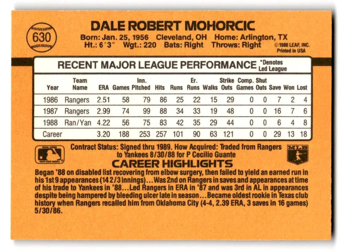 1989 Donruss #630 Dale Mohorcic - Baseball Card Single