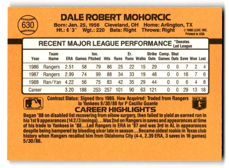 1989 Donruss #630 Dale Mohorcic - Baseball Card Single