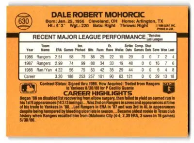 Back of a 1989 Leaf Dale Mohorcic baseball card featuring player statistics and details