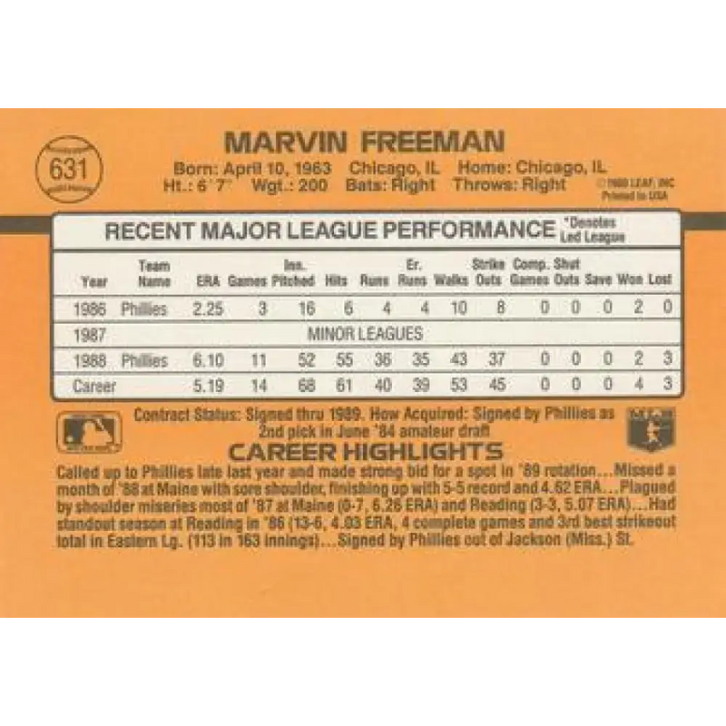 1989 Donruss #631 Marvin Freeman DP NM-MT Philadelphia Phillies Baseball Card - Baseball Card Single