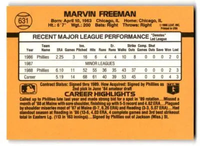 Baseball card featuring Marvin Freeman with player statistics from 1989 Donruss #631b