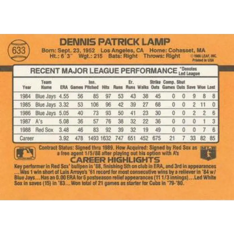 1989 Donruss #633 Dennis Lamp NM-MT Boston Red Sox Baseball Card - Baseball Card Single