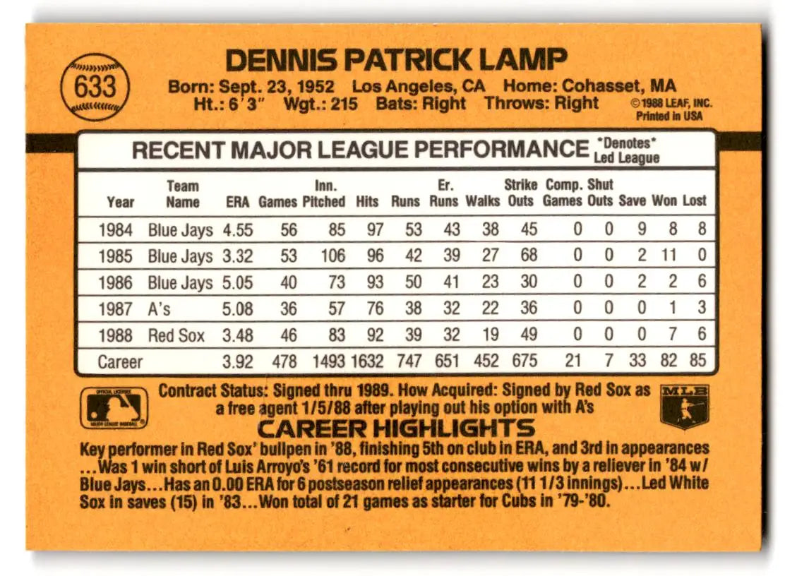 1989 Donruss #633b Dennis Lamp gum stain - Baseball Card Single