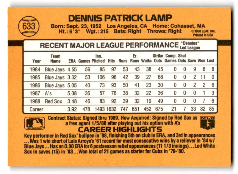 1989 Donruss #633b Dennis Lamp gum stain - Baseball Card Single
