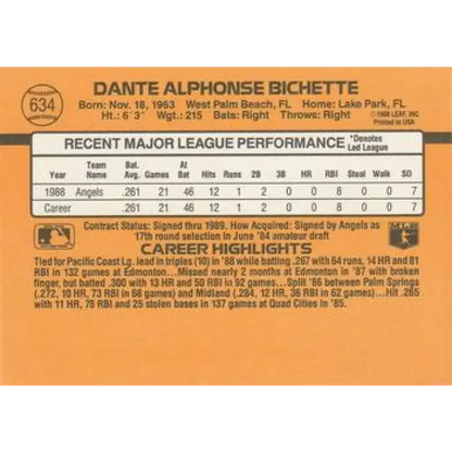 1989 Donruss #634 Dante Bichette NM-MT RC Rookie California Angels Baseball Card