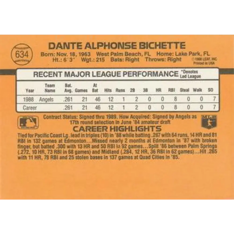 1989 Donruss #634 Dante Bichette NM-MT RC Rookie California Angels Baseball Card - Baseball Card Single
