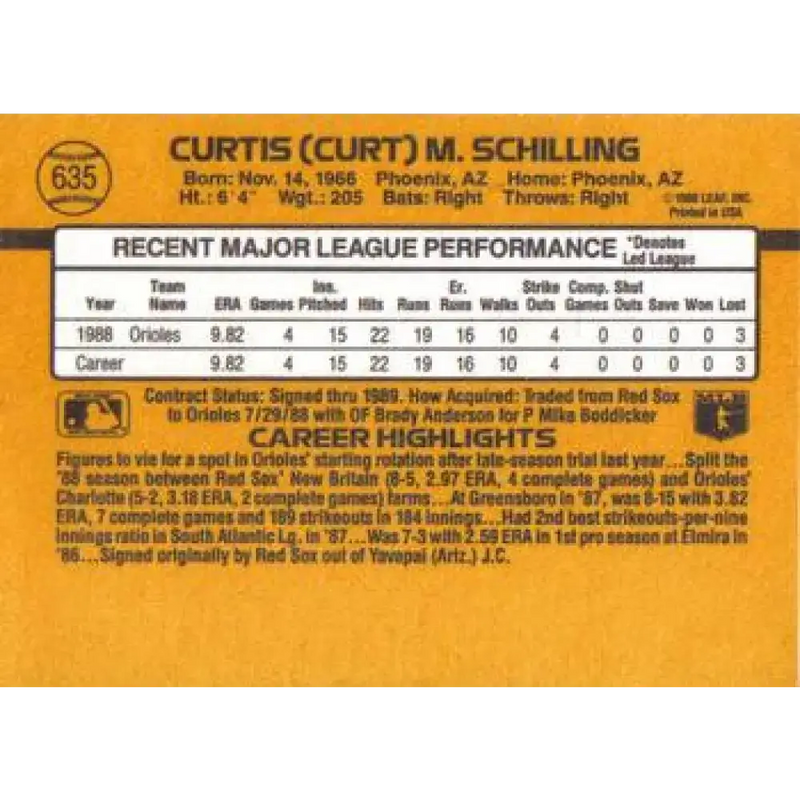 1989 Donruss #635 Curt Schilling DP NM-MT RC Rookie Baltimore Orioles Baseball Card - Baseball Card Single