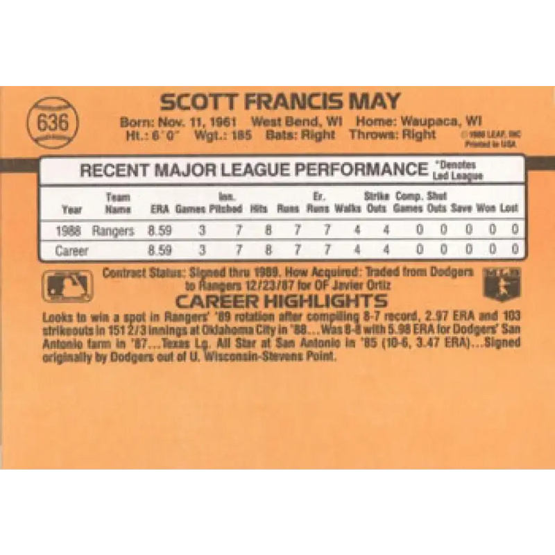 1989 Donruss #636 Scott May DP NM-MT RC Rookie Texas Rangers Baseball Card - Baseball Card Single