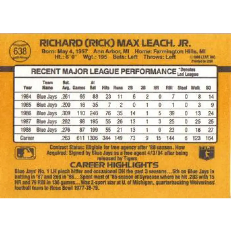 1989 Donruss #638 Rick Leach NM-MT Toronto Blue Jays Baseball Card - Baseball Card Single