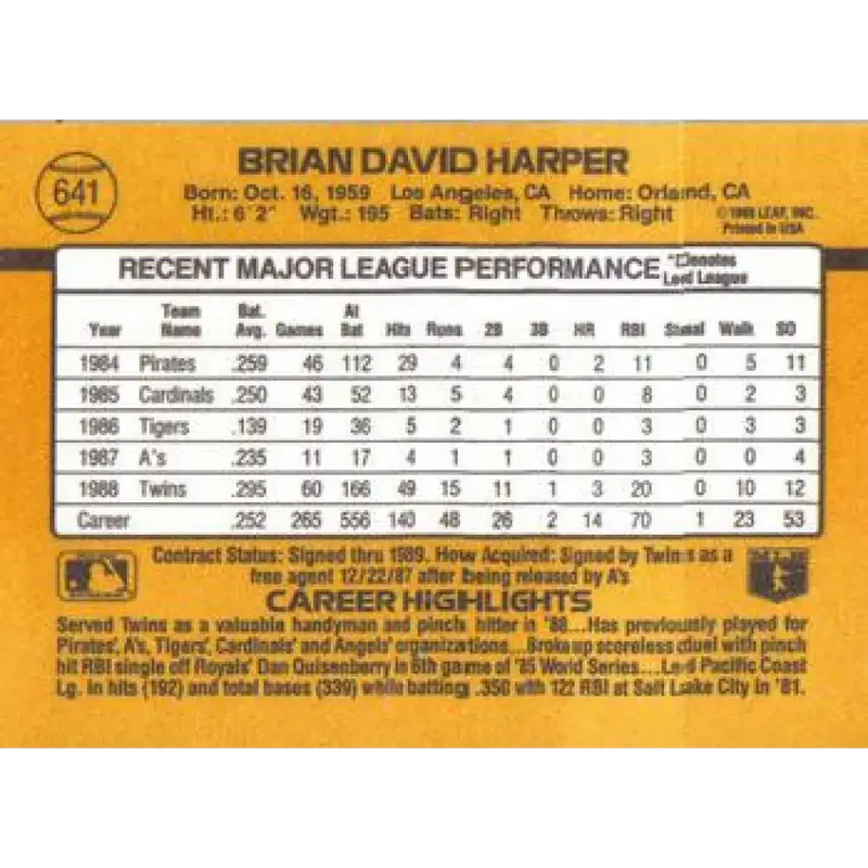1989 Donruss #641 Brian Harper NM-MT Minnesota Twins Baseball Card - Baseball Card Single