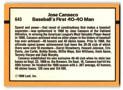 1989 Donruss #643 Jose Canseco - Baseball Card Single