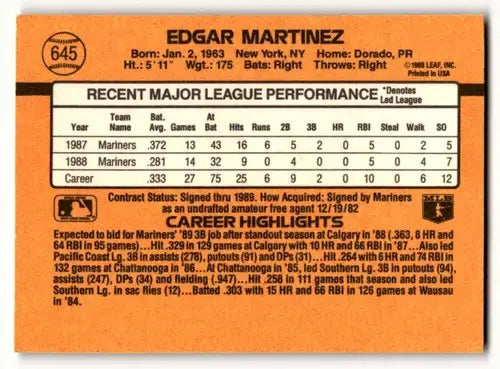 Back of 1989 Donruss Edgar Martinez Seattle Mariners baseball card with player stats