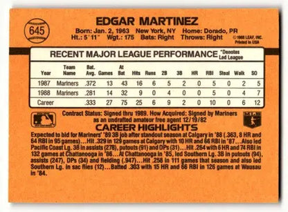 Back of 1989 Donruss Edgar Martinez Seattle Mariners baseball card with player stats