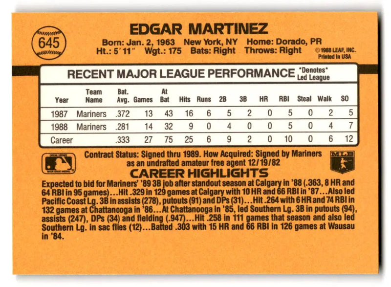 1989 Donruss #645b Edgar Martinez - Baseball Card Single