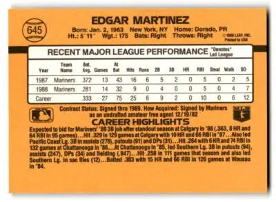 Baseball card featuring Edgar Martinez with player statistics from 1989 Donruss #645b