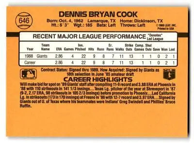 Back of 1989 Donruss #646b Dennis Cook baseball card showcasing player stats and info