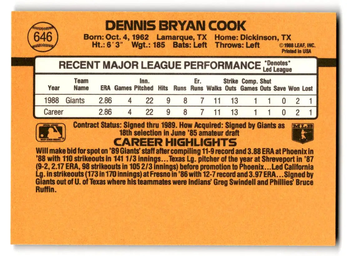 1989 Donruss #646b Dennis Cook - Baseball Card Single