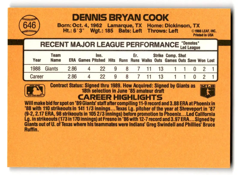 1989 Donruss #646b Dennis Cook - Baseball Card Single