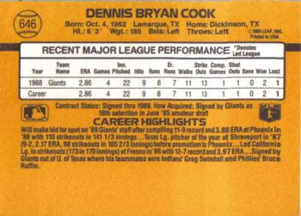 1989 Donruss #646b Dennis Cook NM Near Mint RC Rookie Giants ID:81473 - Baseball Card Single