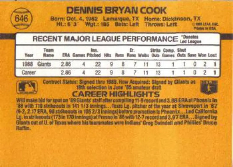 1989 Donruss #646b Dennis Cook NM Near Mint RC Rookie Giants ID:81473 - Baseball Card Single