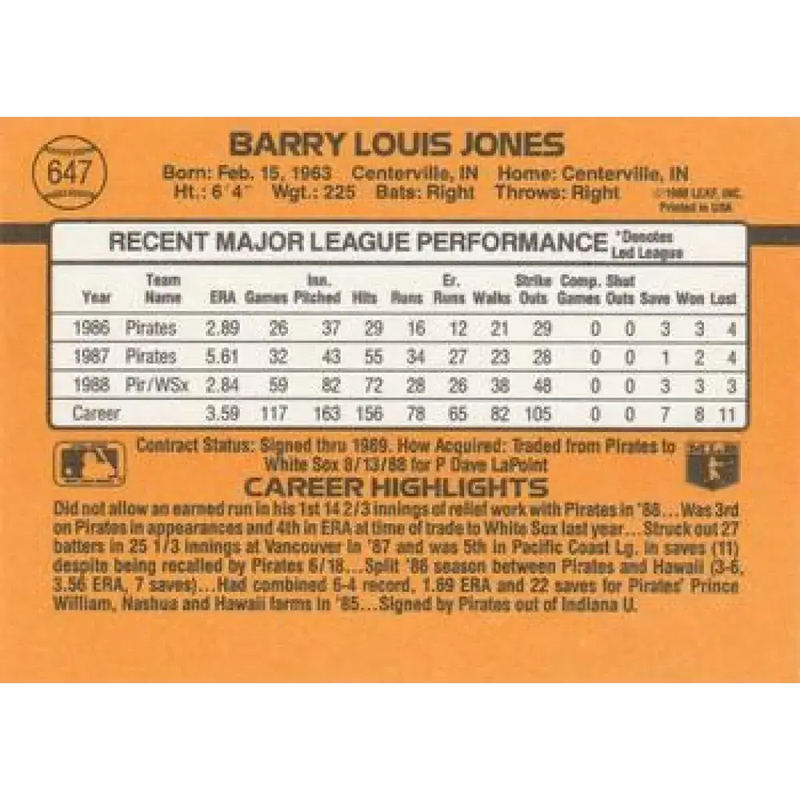 1989 Donruss #647 Barry Jones NM-MT Chicago White Sox Baseball Card - Baseball Card Single