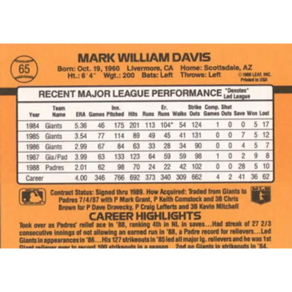 1989 Donruss #65 Mark Davis NM-MT San Diego Padres Baseball Card