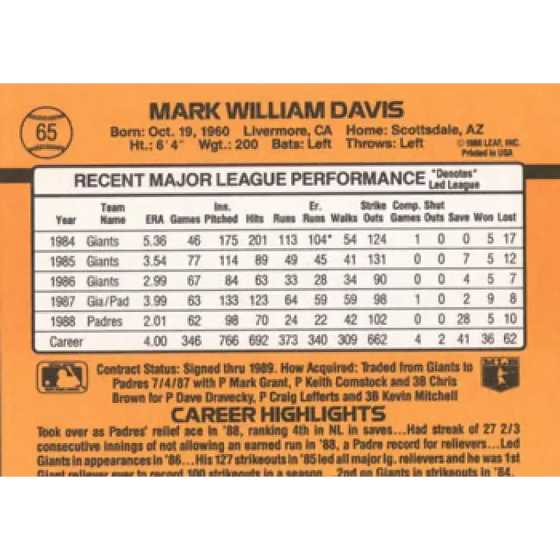 1989 Donruss #65 Mark Davis NM-MT San Diego Padres Baseball Card - Baseball Card Single