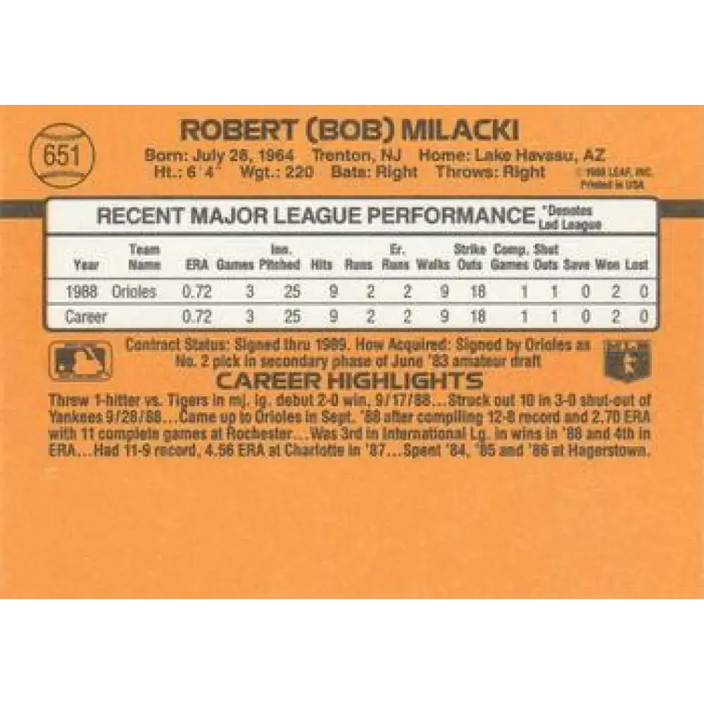 1989 Donruss #651 Bob Milacki NM-MT RC Rookie Baltimore Orioles Baseball Card