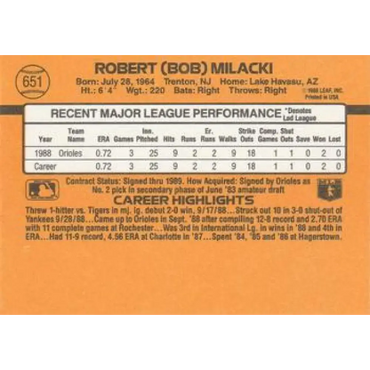 1989 Donruss #651 Bob Milacki NM-MT RC Rookie Baltimore Orioles Baseball Card