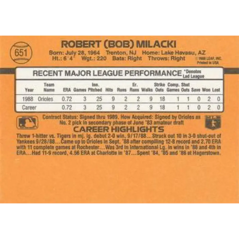 1989 Donruss #651 Bob Milacki NM-MT RC Rookie Baltimore Orioles Baseball Card - Baseball Card Single