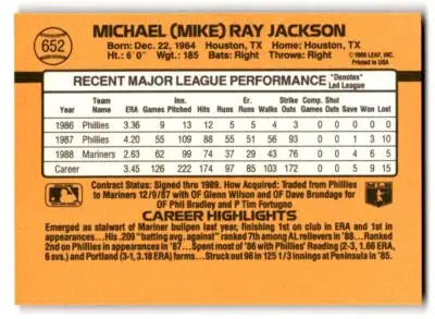 Back of a 1989 Donruss 652b Mike Jackson baseball card featuring Mike Jackson’s details