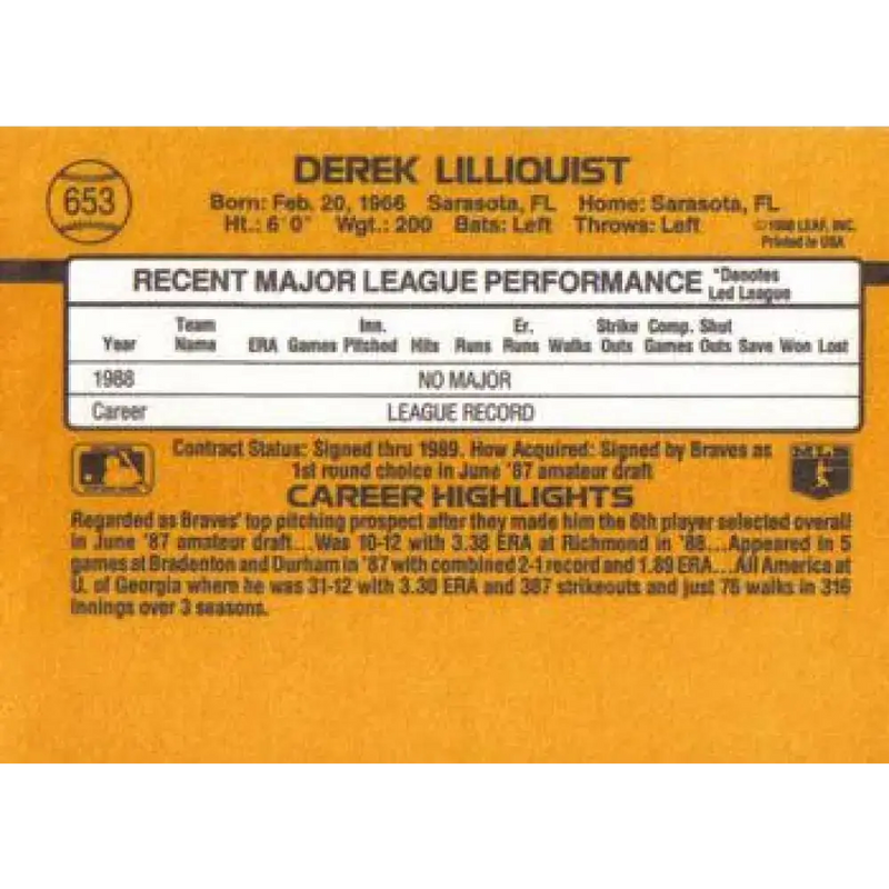 1989 Donruss #653 Derek Lilliquist NM-MT RC Rookie Atlanta Braves Baseball Card - Baseball Card Single