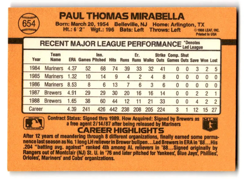 1989 Donruss #654 Paul Mirabella - Baseball Card Single