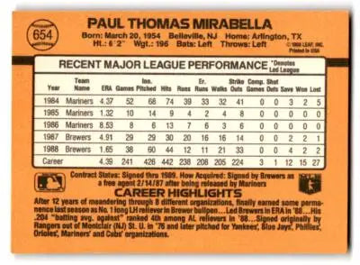 Paul Mirabella baseball card showing player statistics from 1989 Donruss #654