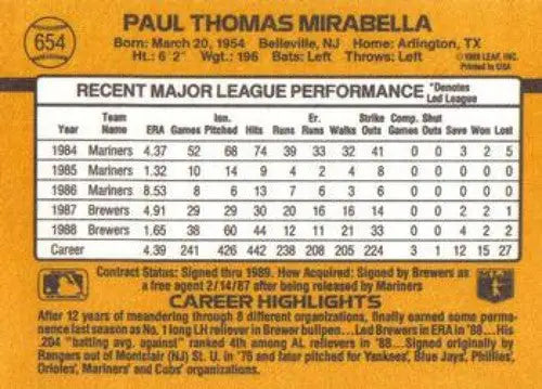 1989 Donruss #654a Paul Mirabella NM Near Mint Brewers ID:81474 - Baseball Card Single