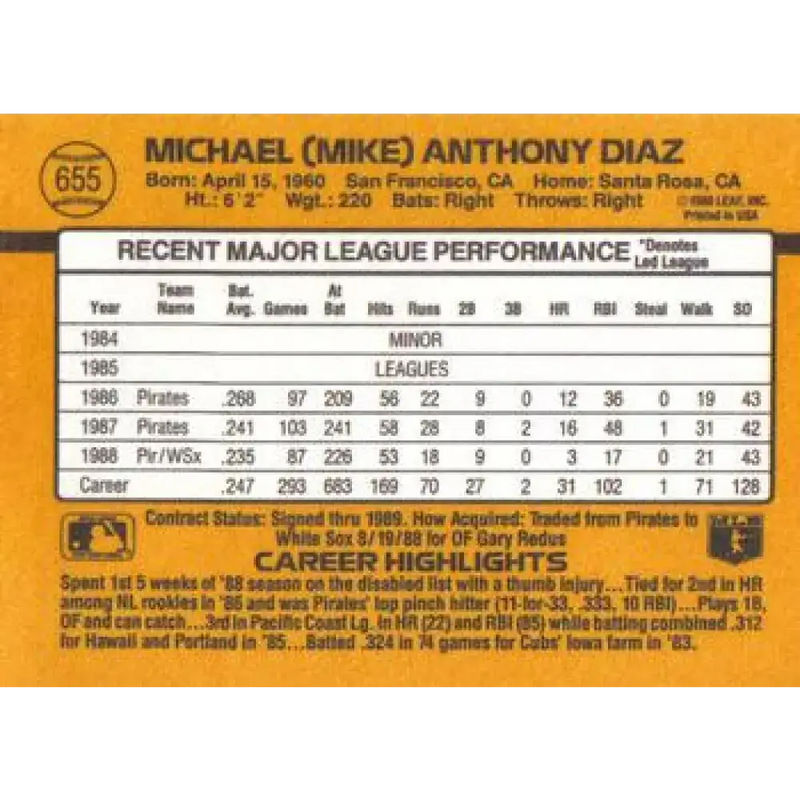 1989 Donruss #655 Mike Diaz NM-MT Chicago White Sox Baseball Card - Baseball Card Single