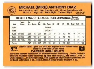 Back of the 1989 Donruss 655B Mike Diaz baseball card displaying player stats