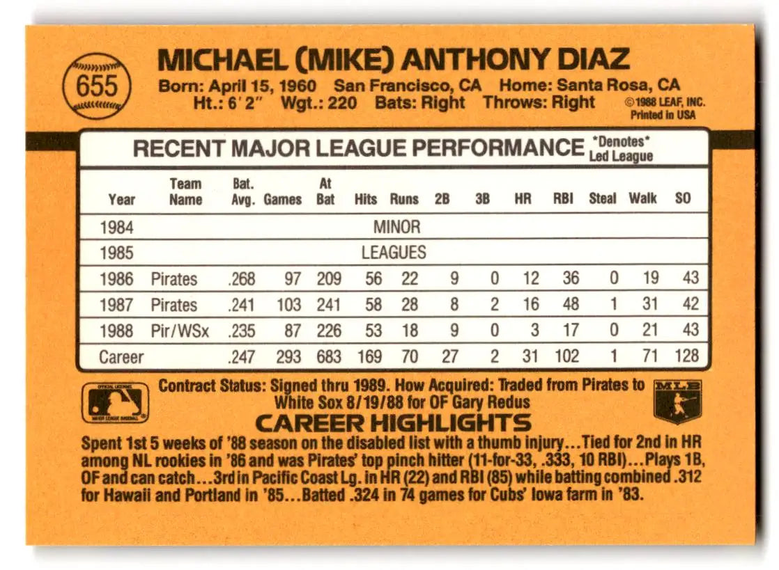 1989 Donruss #655b Mike Diaz - Baseball Card Single