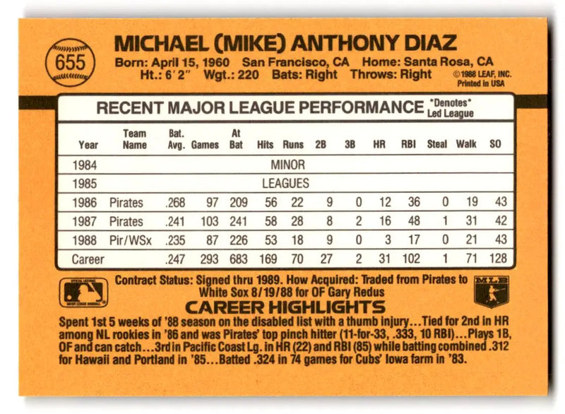 1989 Donruss #655b Mike Diaz - Baseball Card Single