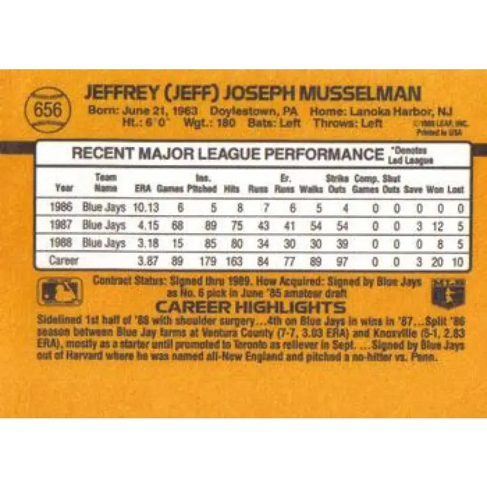 1989 Donruss #656 Jeff Musselman NM-MT Toronto Blue Jays Baseball Card - Baseball Card Single