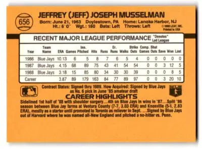 Baseball trading card of Jeff Musselman 656b Jeff Musselman 1989 Donruss #656b
