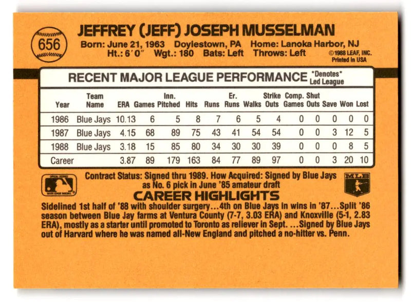 1989 Donruss #656b Jeff Musselman - Baseball Card Single